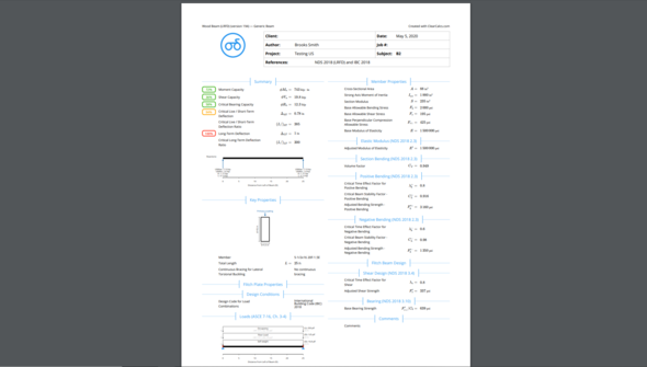 An example PDF report of the NDS Wood Beam Calculator